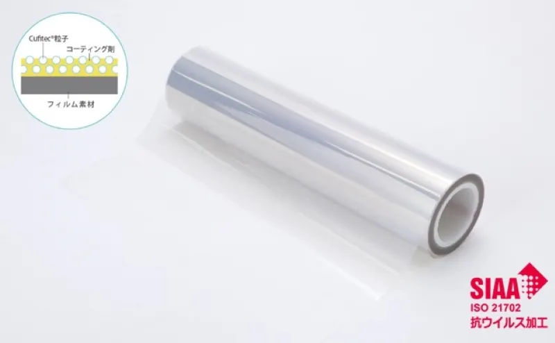 用 Cufitec® 处理过的薄膜照片、将 Cufitec® 颗粒混入材料表面的涂层插图以及 SIAA 抗病毒标志的图像