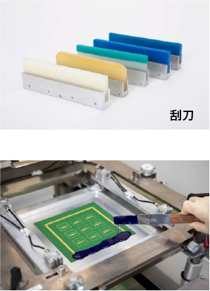 用于丝网印刷的彩色刮刀和印刷过程的照片
