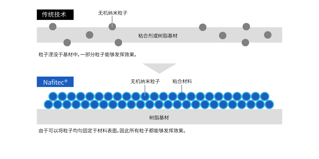Nafitec机制 Nafitec®的机理图,显示其相比传统技术具有更好的颗粒固定效果。