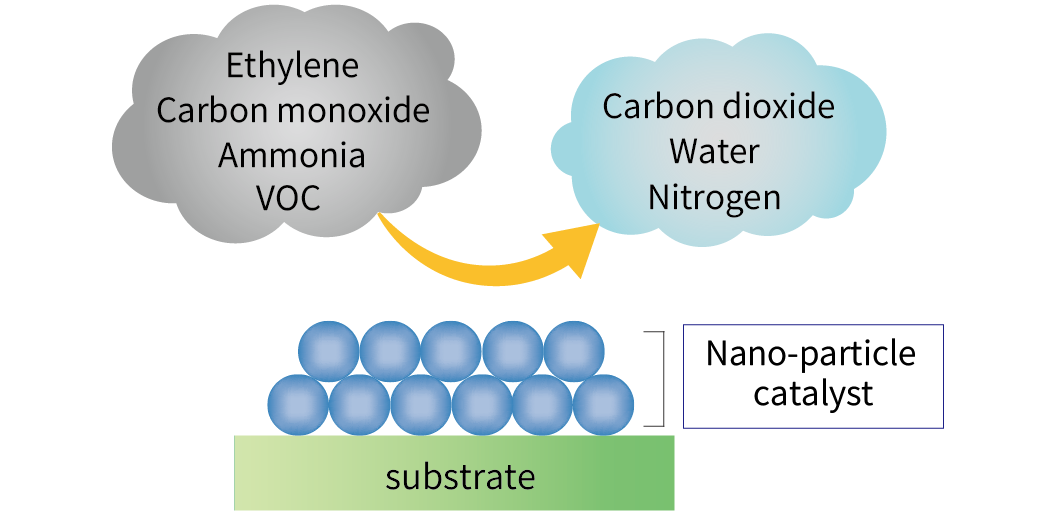 Illustration of the reaction pathway between a catalyst and a malodorous gas.