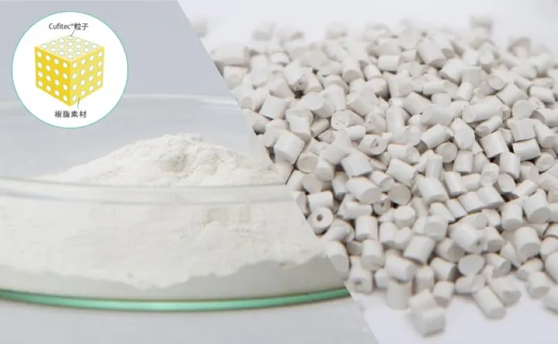 Illustration of how the Cufitec™ particles are kneaded into the resin, and product photos of powder and masterbatch suitable for the kneading method