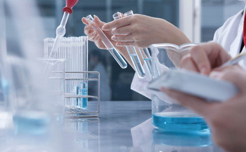 Photographs of comparing liquids in test tubes, taking notes, verifying and analyzing them