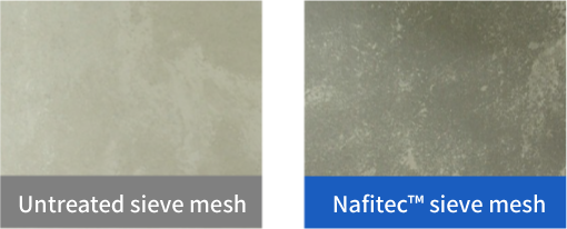 Comparison of the clogging of silver powder in raw and Nafitec™ sieve mesh