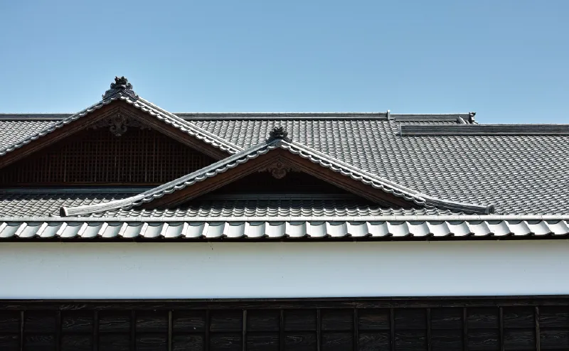 Photo of a tile roof. Mesh is used in the production of roof tiles.