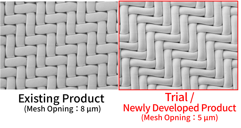 SEM image of existing product on the left and trial weaving/development product on the right. An example of reduced aperture