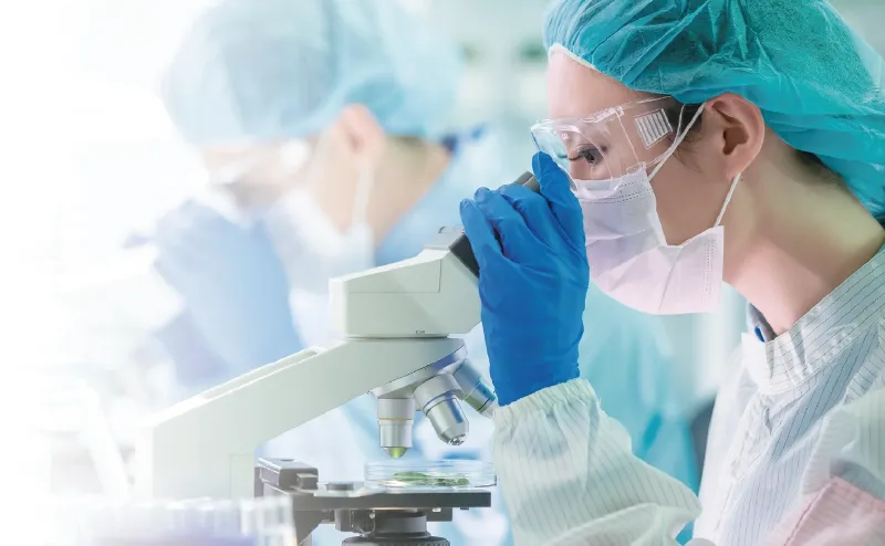 Scientists using microscopes in a laboratory