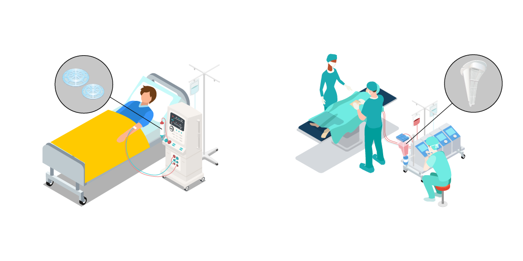 Doctors and equipment during surgery, patients undergoing dialysis and mesh filters used therein