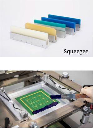 Colorful squeegees for screen printing and a photo of the printing process