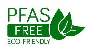 緑色のPFAS Freeという文字と水滴、葉っぱのイラスト