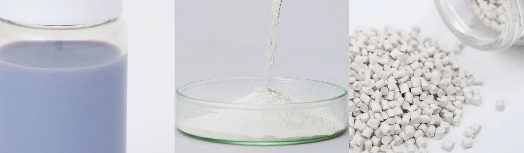 ラベンダー色の液体が入ったガラス容器、白い粉が入ったガラスシャーレ、白い樹脂ペレット