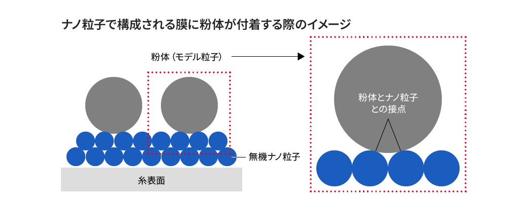 ナノ粒子で構成される膜に粉体が付着する際のイメージ