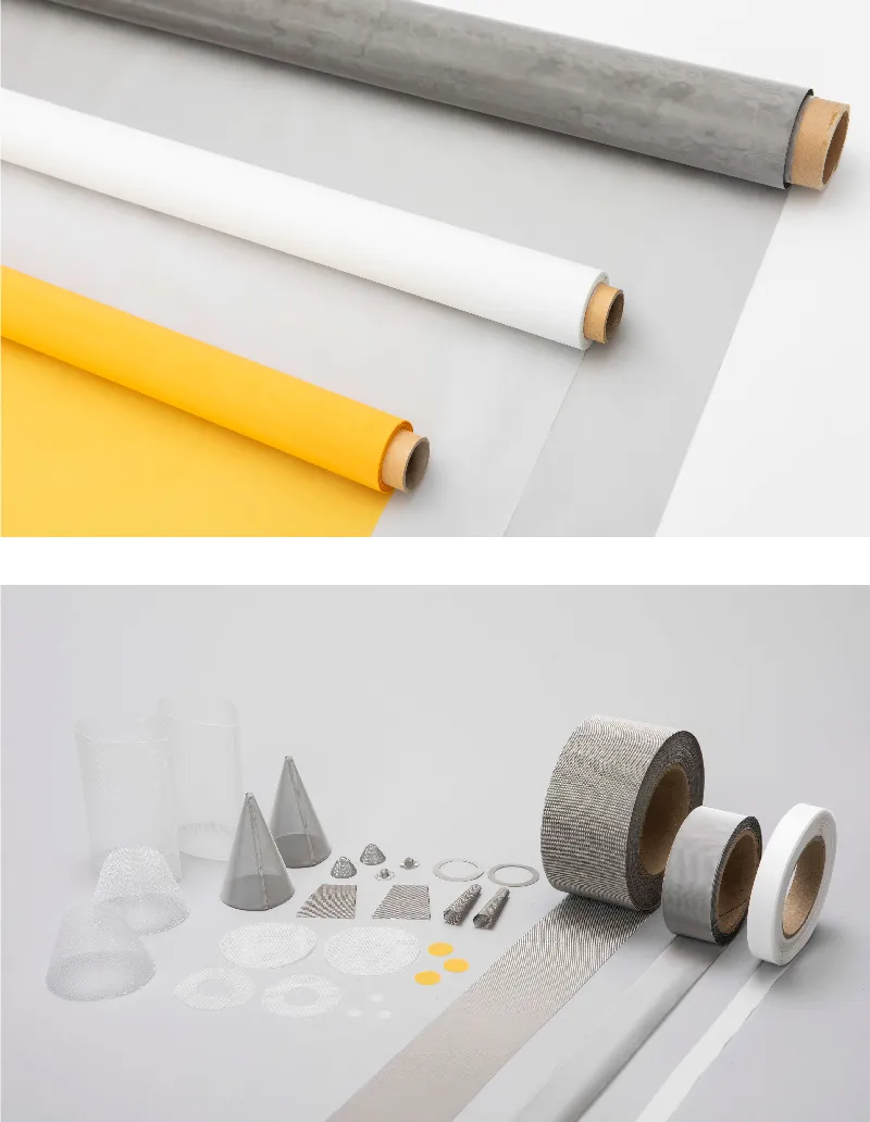 メッシュ成形フィルター用の網加工品。反物状態、丸抜き、筒形状、絞り、さまざまな形状が並んでいる。