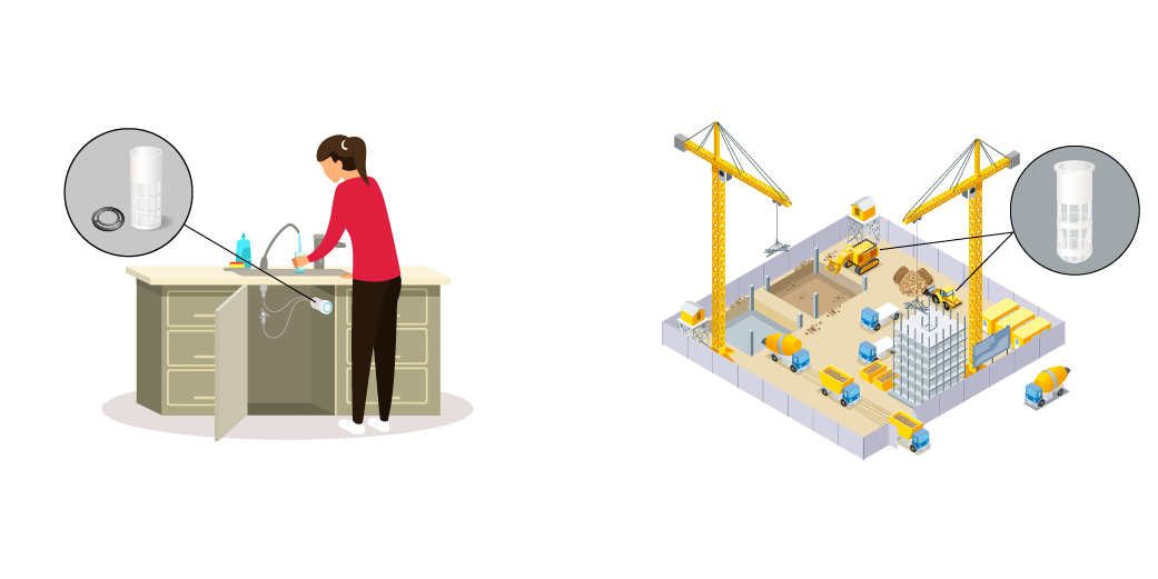 浄水器を使用中の女性のイラストと建設現場で使用されるメッシュフィルターのイラスト